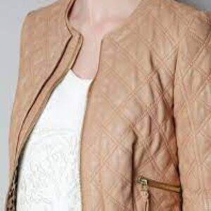 Zara Lambskin Tan Quilted Leather Cropped Moto Jacket S